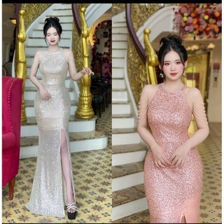 Đầm  dạ hội kim sa, đầm trung niên kết đá chuỗi vai cao cấp tko