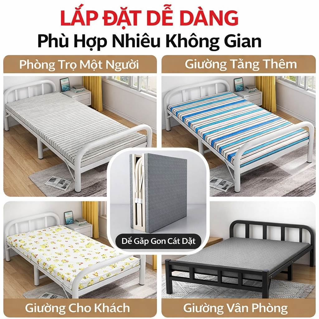 CONOCO Giường Sắt Xếp Thép Carbon Kèm Đệm Chịu Lực Tốt Cho Văn Phòng Căn Hộ