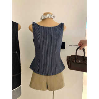 𝐏𝐡𝐢𝐞𝐧 𝐖𝐆𝐖𝐄 | (Sẵn) w9272 Áo Sát Nách Nơ Vai Kẻ Caro Nhỏ Xanh Dương Navy