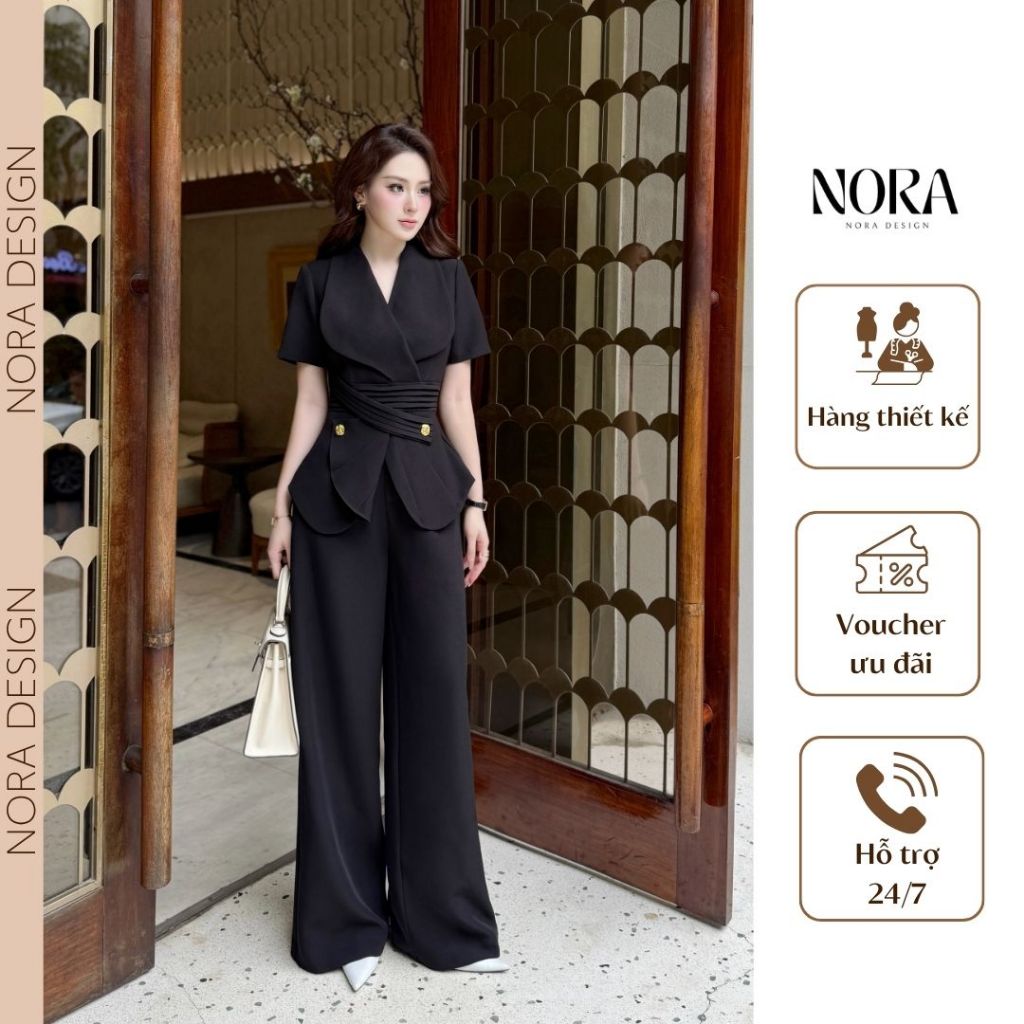 Set Quần Áo Công Sở Thiết Kế NORA, Áo Vest Cộc Tay Kèm Quần Suông Dài Chất Chéo Ý Cao Cấp S1072