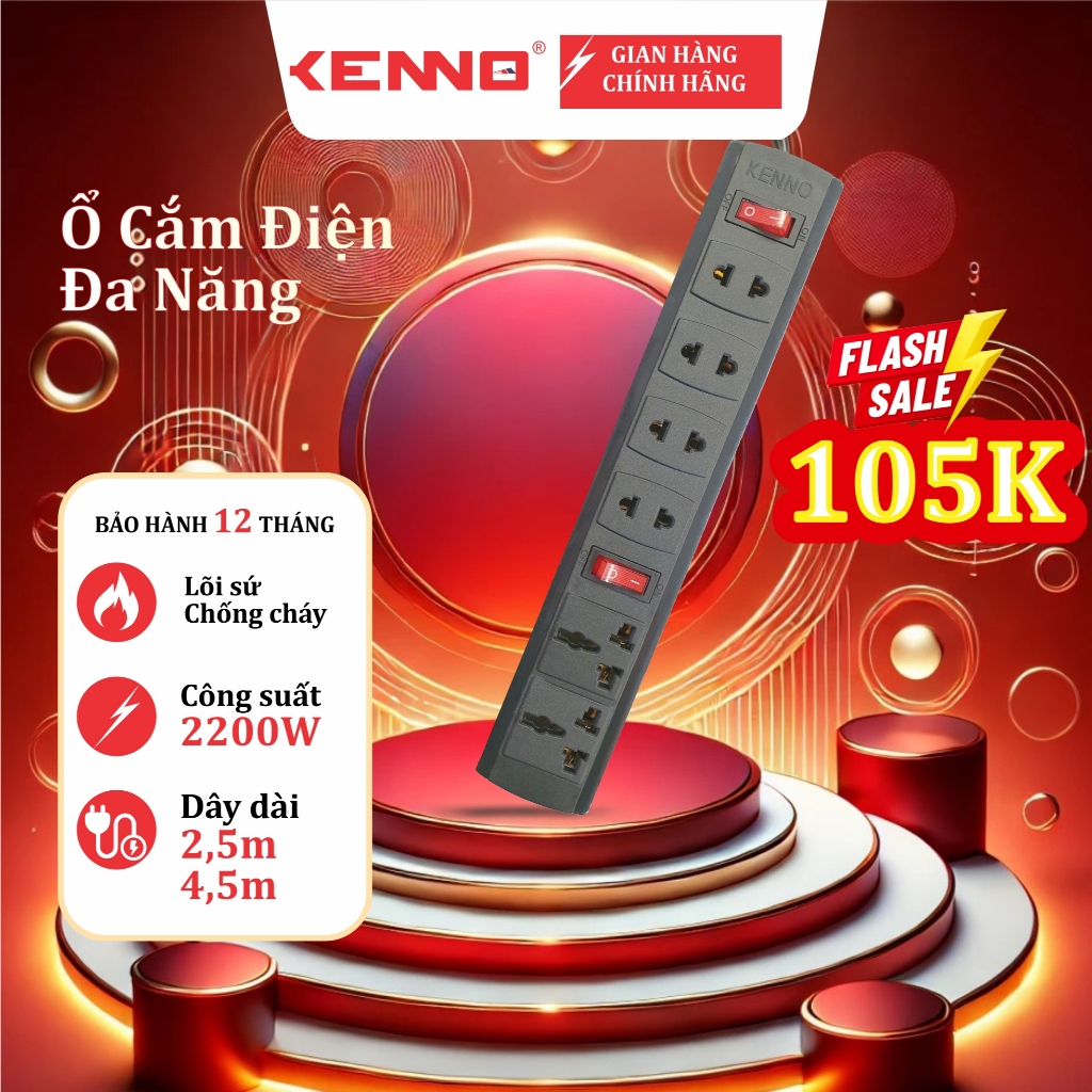 Ổ cắm 6 lỗ lõi sứ 4 tròn dẹt và 2 đa năng dây nguồn 2,5m và 4.5m Công suất  2200W