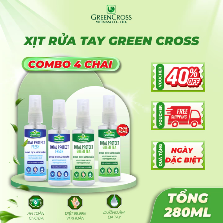 Combo 4 Chai Nước Rửa Tay Khô Green Cross 70ml Dạng Xịt – Diệt Khuẩn 99,9%, Khử Khuẩn Nhanh – 3