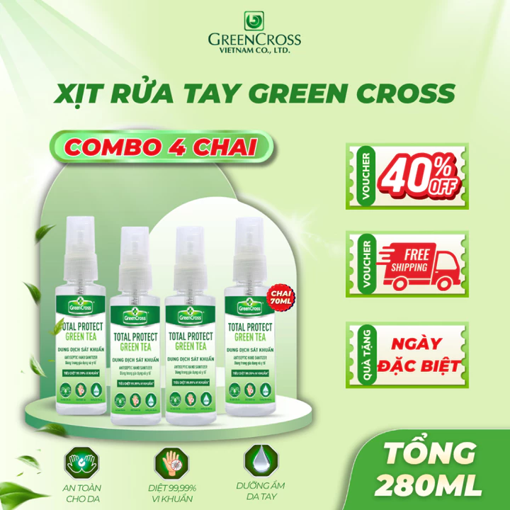 Combo 4 Chai Nước Rửa Tay Khô Green Cross 70ml Dạng Xịt – Diệt Khuẩn 99,9%, Khử Khuẩn Nhanh – 4