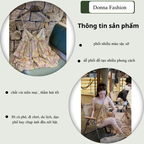 Đầm nữ, váy nữ DONNA HCOM26058 2 dây viền bèo tầng dáng babydoll xinh xắn, tiểu thư