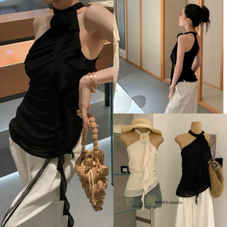 𝐏𝐡𝐢𝐞𝐧 𝐖𝐆𝐖𝐄 | (Sẵn) w9101 Áo Cổ Yếm Nhún Hoa Đính Rời
