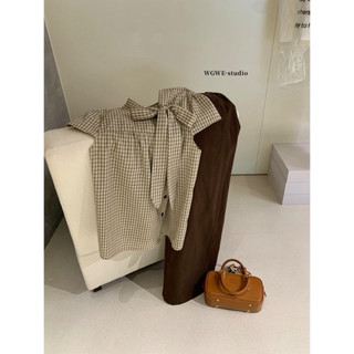 𝐏𝐡𝐢𝐞𝐧 𝐖𝐆𝐖𝐄 | (Sẵn) w9236 Áo Sơ Mi Kẻ Caro Nơ Cổ Cộc Tay