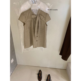 𝐏𝐡𝐢𝐞𝐧 𝐖𝐆𝐖𝐄 | (Sẵn) w9236 Áo Sơ Mi Kẻ Caro Nơ Cổ Cộc Tay