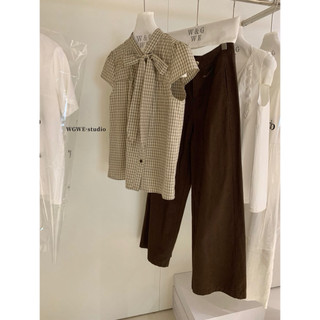 𝐏𝐡𝐢𝐞𝐧 𝐖𝐆𝐖𝐄 | (Sẵn) w9236 Áo Sơ Mi Kẻ Caro Nơ Cổ Cộc Tay