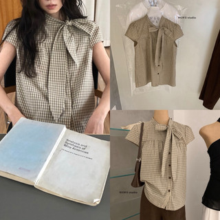 𝐏𝐡𝐢𝐞𝐧 𝐖𝐆𝐖𝐄 | (Sẵn) w9236 Áo Sơ Mi Kẻ Caro Nơ Cổ Cộc Tay