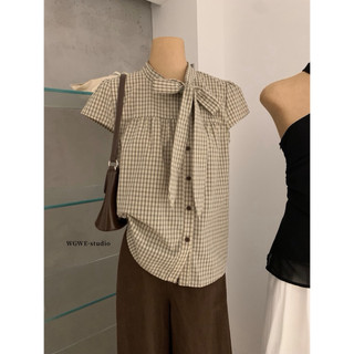 𝐏𝐡𝐢𝐞𝐧 𝐖𝐆𝐖𝐄 | (Sẵn) w9236 Áo Sơ Mi Kẻ Caro Nơ Cổ Cộc Tay