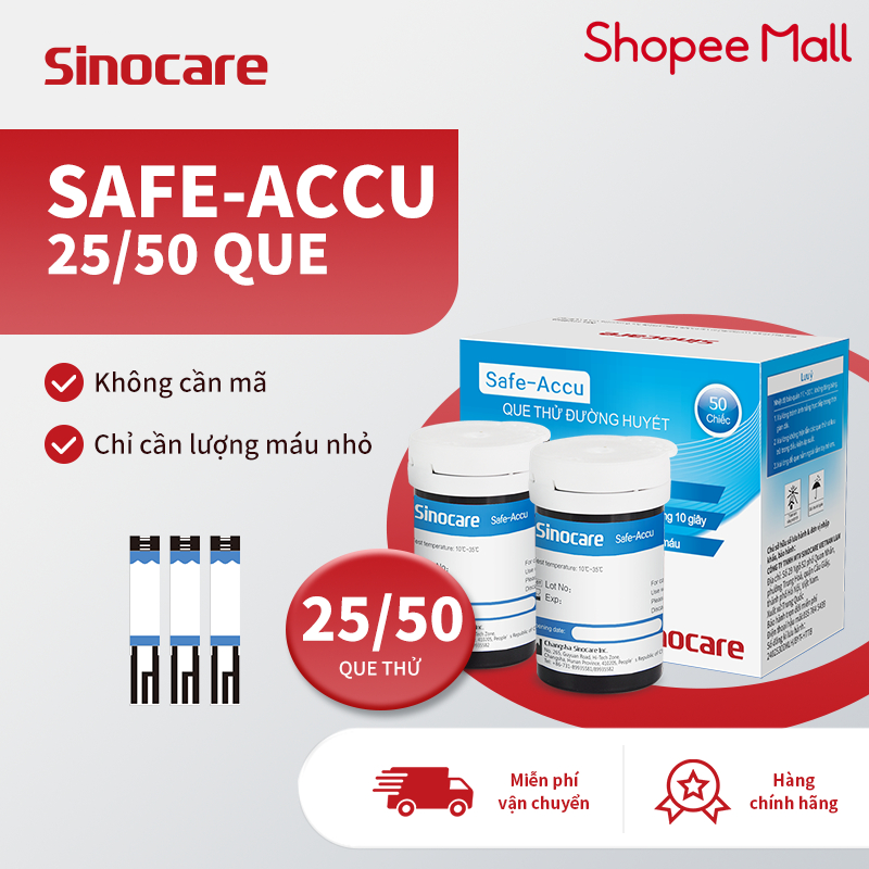 Que Thử Đường Huyết Hộp 25/50 Que Safe Accu Tặng Kèm 50 Kim Chính Hãng