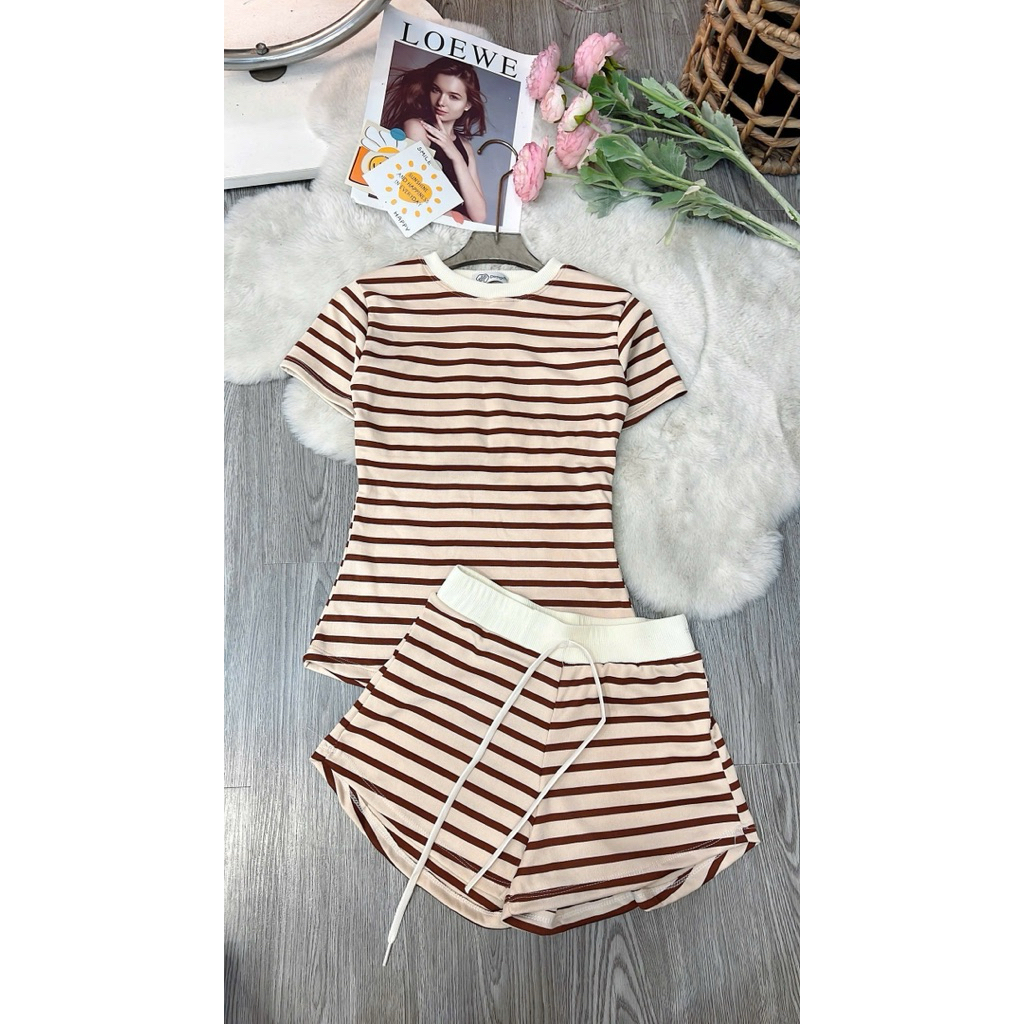 L408- Sét áo thun nữ kẻ sọc phối quần ngắn dáng ôm body chất liệu thun bozip con giãn thoải mái (38-56kg)