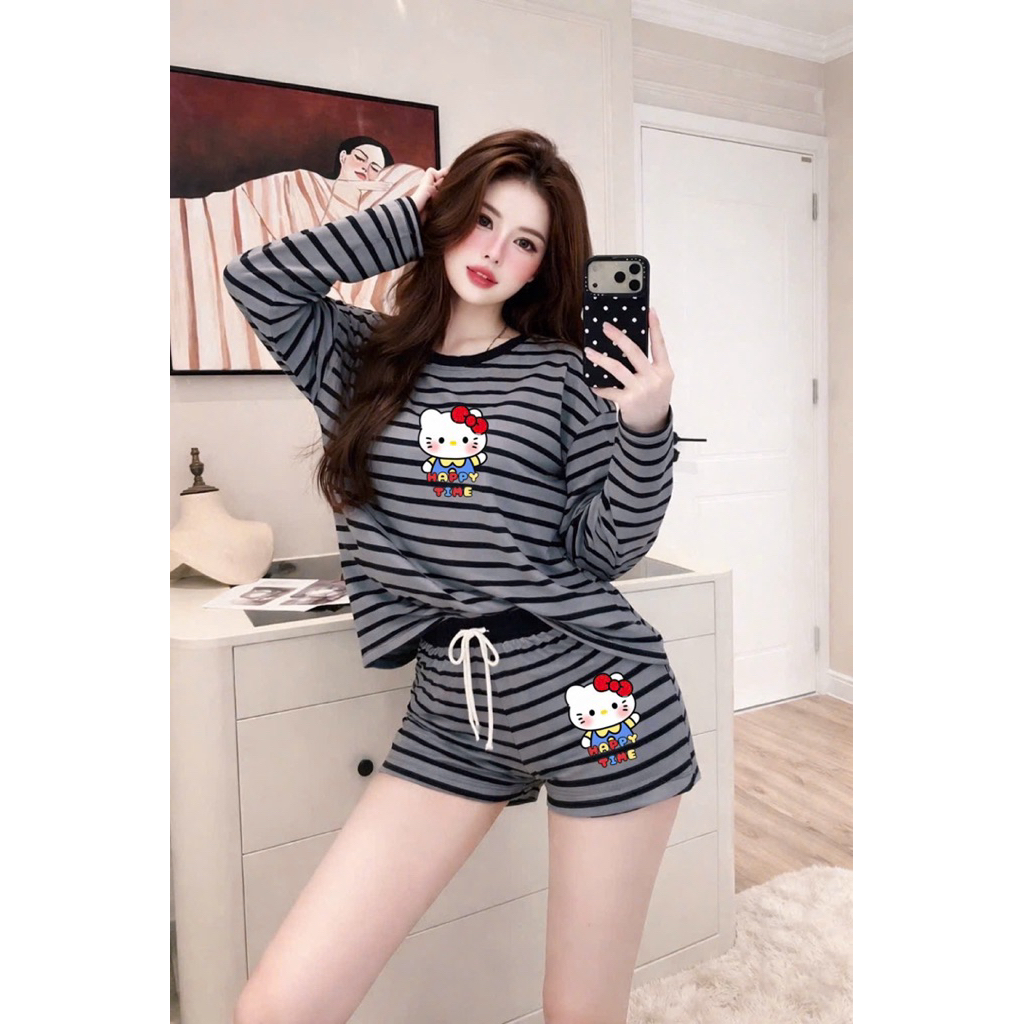 L203- Sét bộ thun áo tay dài quần đùi ôm body in hoạ tiết mèo dễ thương (38-56kg