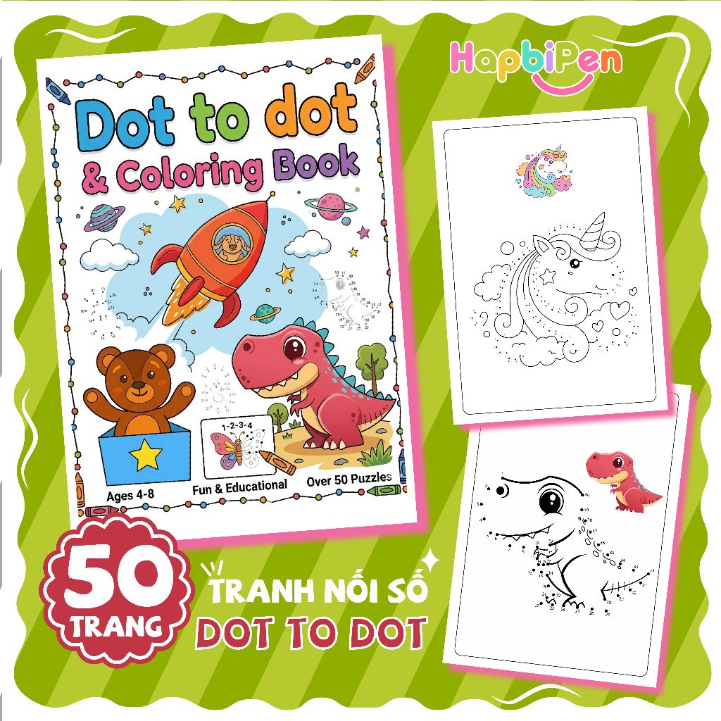 Tranh nối số và tô màu cho bé với 50 trang nhiều chủ đề động vật, tranh vẽ, khủng long SHL001