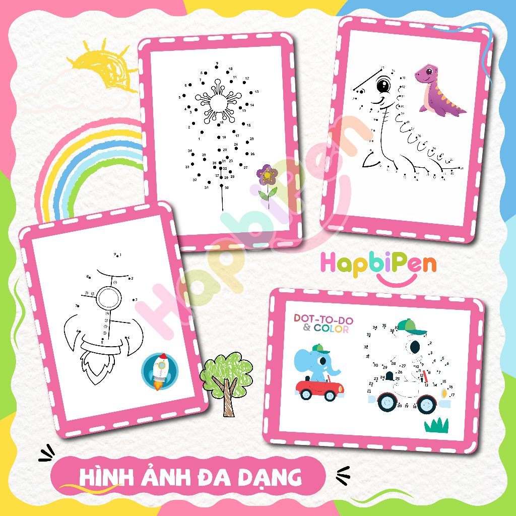Tranh nối số và tô màu cho bé với 50 trang nhiều chủ đề động vật, tranh vẽ, khủng long SHL001