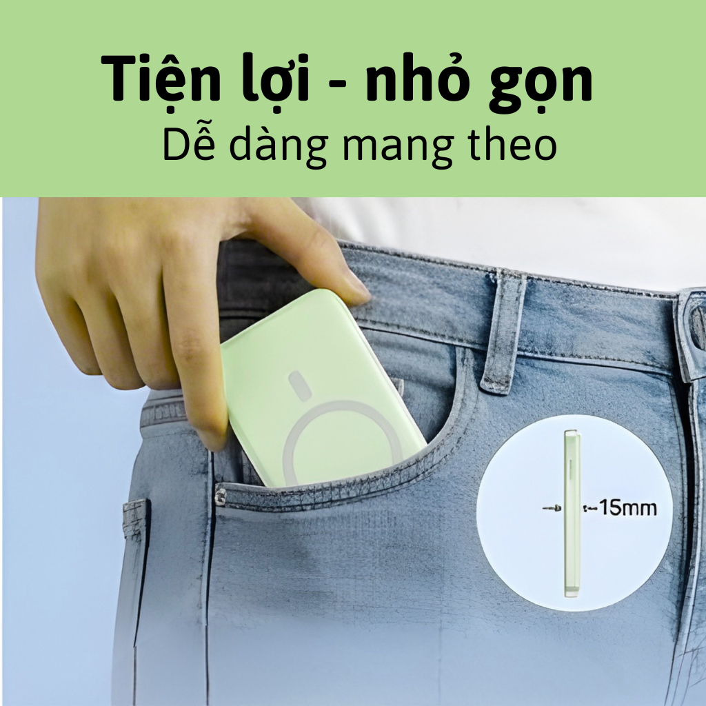 Sạc dự phòng không dây 10000mAh từ tính mini nhỏ gọn - Có sẵn 2 dây sạc - Hít Nam Châm Siêu Chắc