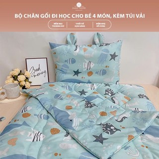 Bộ Chăn Gối Đi Học Cho Bé 4 Món, Mềm Mịn Thoáng Khí Kèm Túi Vải
