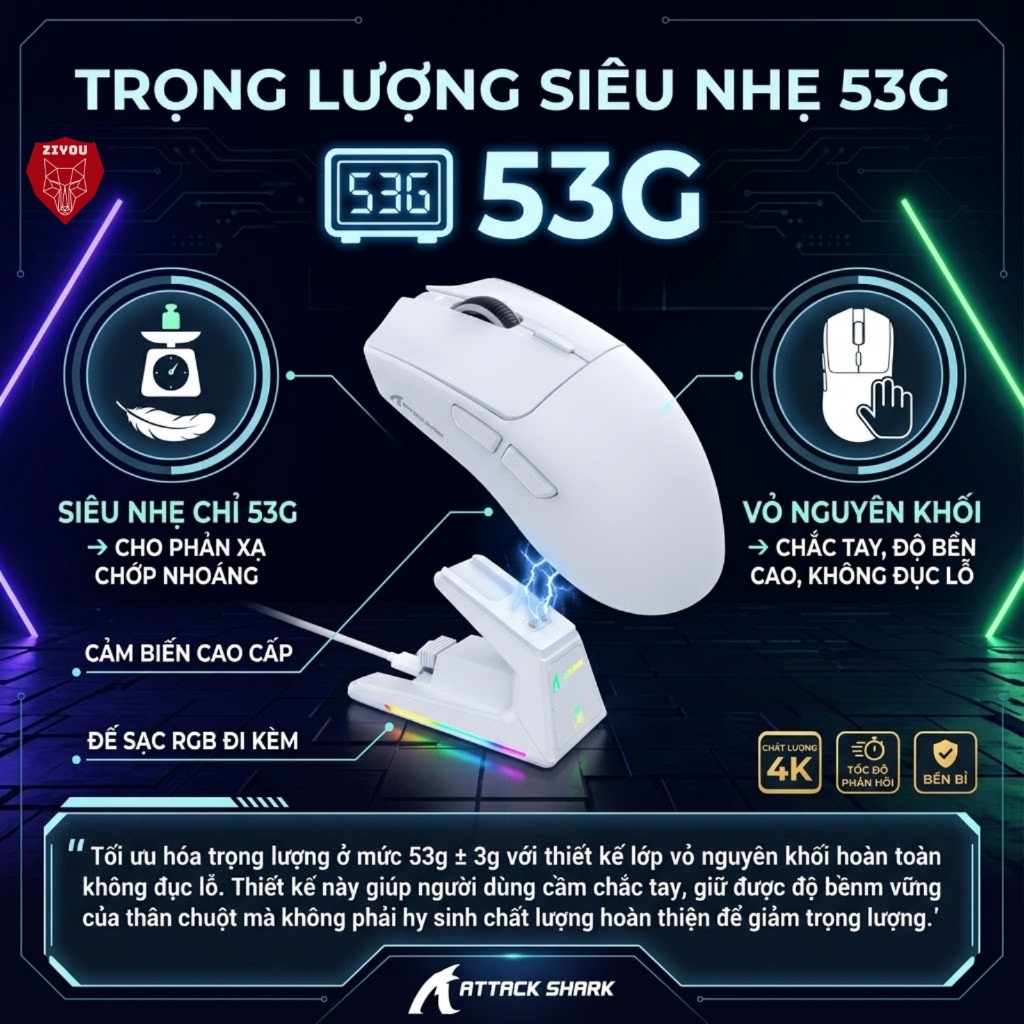 Chuột Gaming Không Dây Ziyou Attack Shark X1 Siêu Nhẹ 53g Chip PAW3395 PRO, DPI 40.000, Dock Sạc RGB | BigBuy360 - bigbuy360.vn