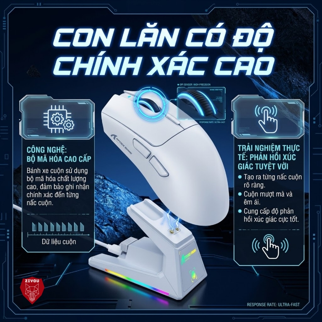 Chuột Gaming Không Dây Ziyou Attack Shark X1 Siêu Nhẹ 53g Chip PAW3395 PRO, DPI 40.000, Dock Sạc RGB | BigBuy360 - bigbuy360.vn