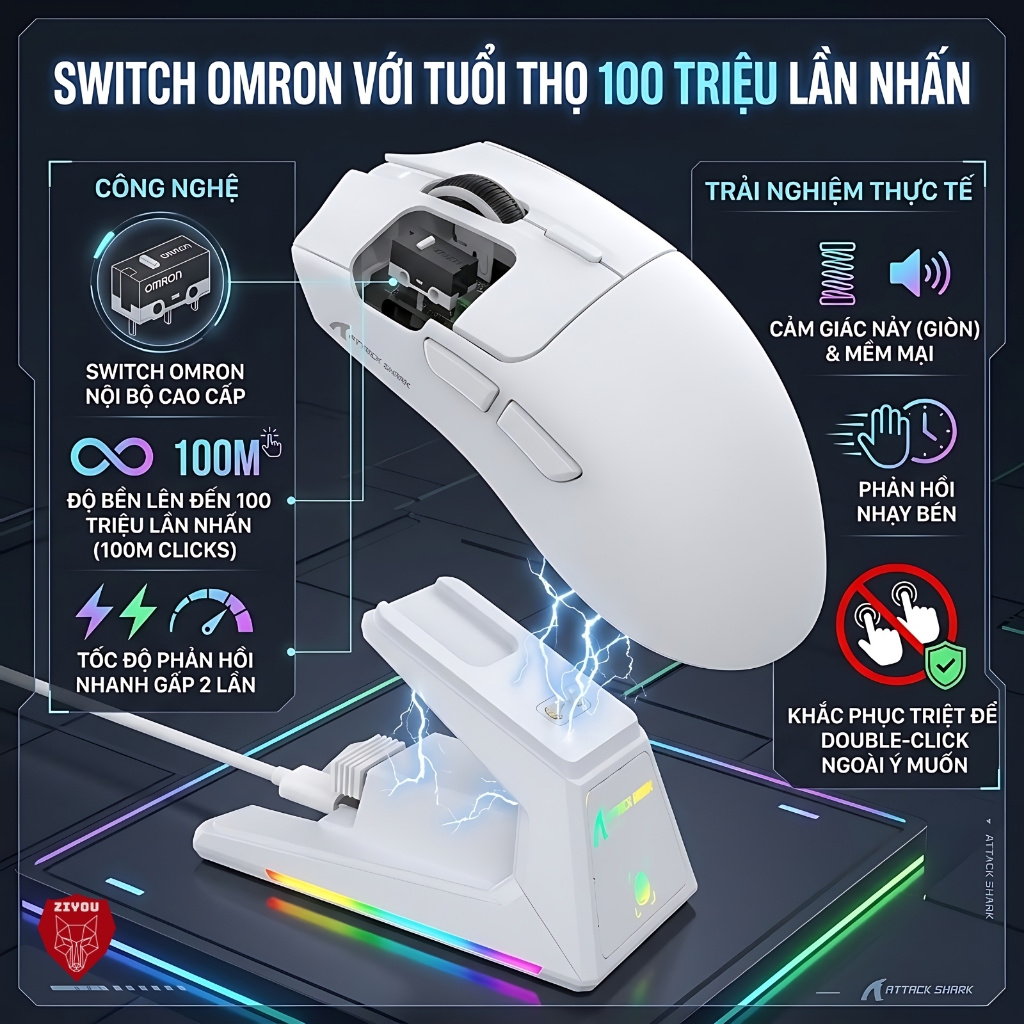 Chuột Gaming Không Dây Ziyou Attack Shark X1 Siêu Nhẹ 53g Chip PAW3395 PRO, DPI 40.000, Dock Sạc RGB | BigBuy360 - bigbuy360.vn