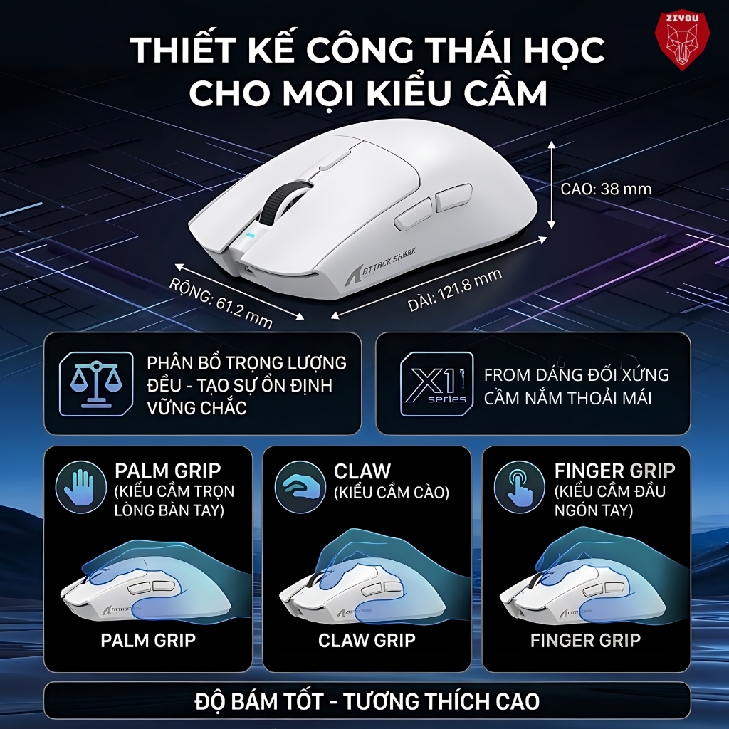 Chuột Gaming Không Dây Ziyou Attack Shark X1 Siêu Nhẹ 53g Chip PAW3395 PRO, DPI 40.000, Dock Sạc RGB | BigBuy360 - bigbuy360.vn