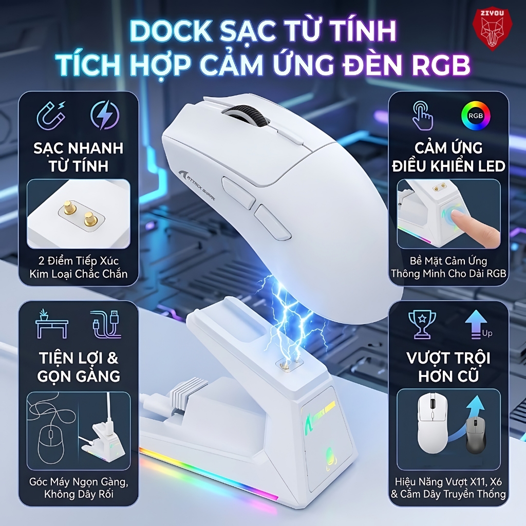 Chuột Gaming Không Dây Ziyou Attack Shark X1 Siêu Nhẹ 53g Chip PAW3395 PRO, DPI 40.000, Dock Sạc RGB | BigBuy360 - bigbuy360.vn