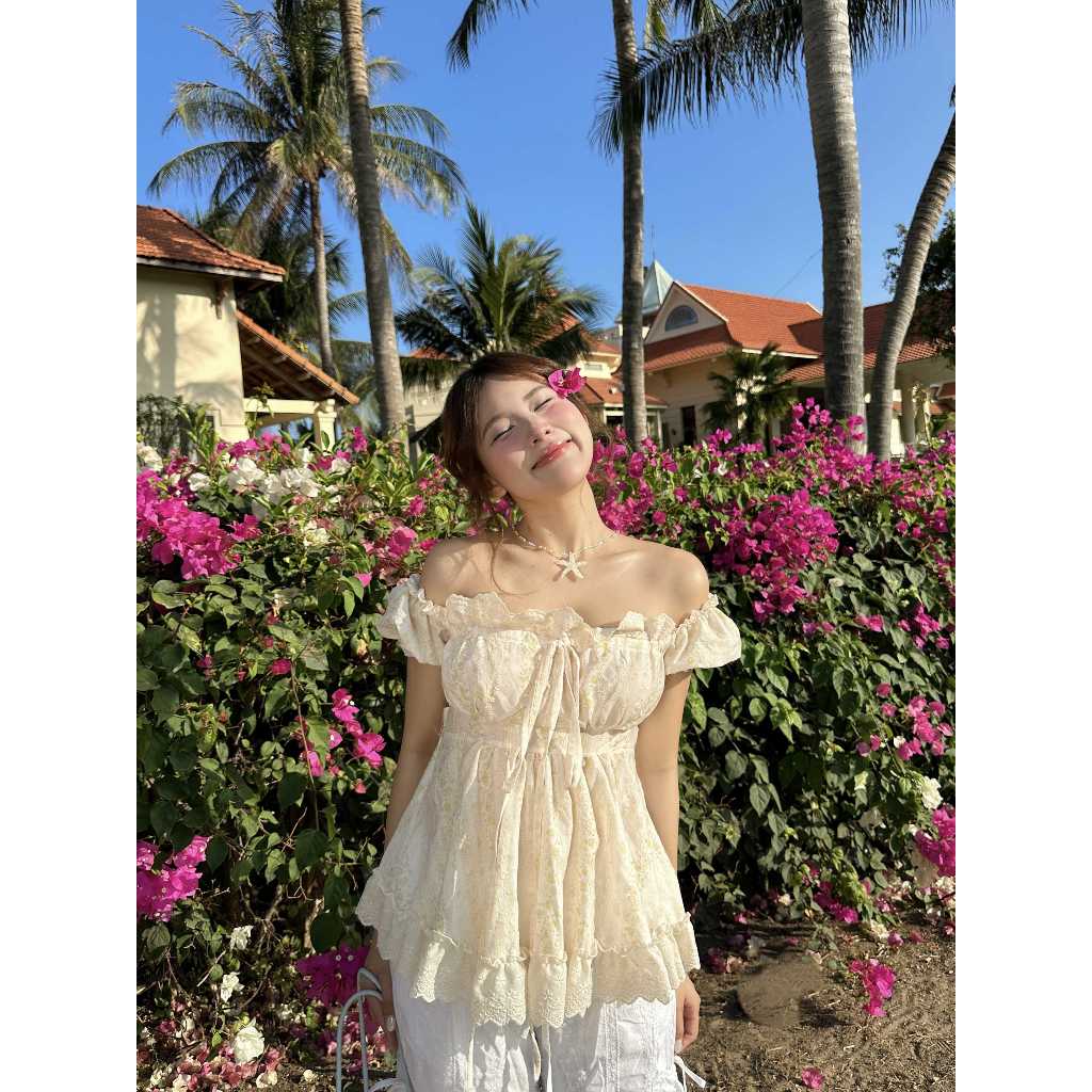 [QUÀ TẶNG] Áo Babydoll Trễ Vai Hoa Nhí Bánh Bèo Form Xòe – FAIRY Top
