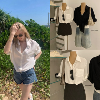 𝐏𝐡𝐢𝐞𝐧 𝐖𝐆𝐖𝐄 | (Sẵn) w9244 Áo Sơ Mi 1 Túi Cổ Bẻ 2 Màu Đen Trắng