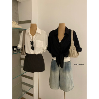𝐏𝐡𝐢𝐞𝐧 𝐖𝐆𝐖𝐄 | (Sẵn) w9244 Áo Sơ Mi 1 Túi Cổ Bẻ 2 Màu Đen Trắng