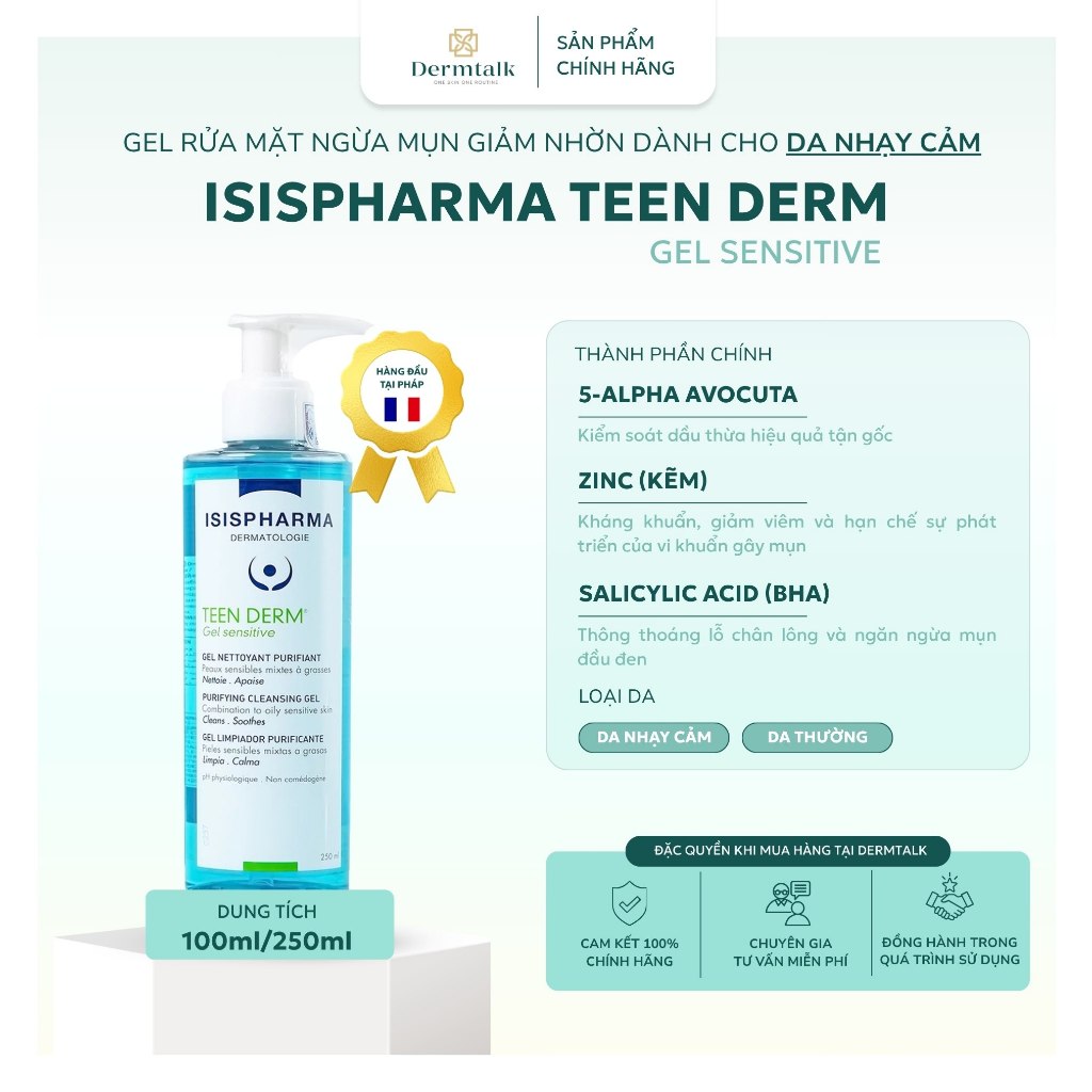 Gel rửa mặt giảm nhờn giảm mụn ISISPHARMA TEEN DERM GEL SENSITIVE 100ml/250ml - dành cho da nhạy cảm
