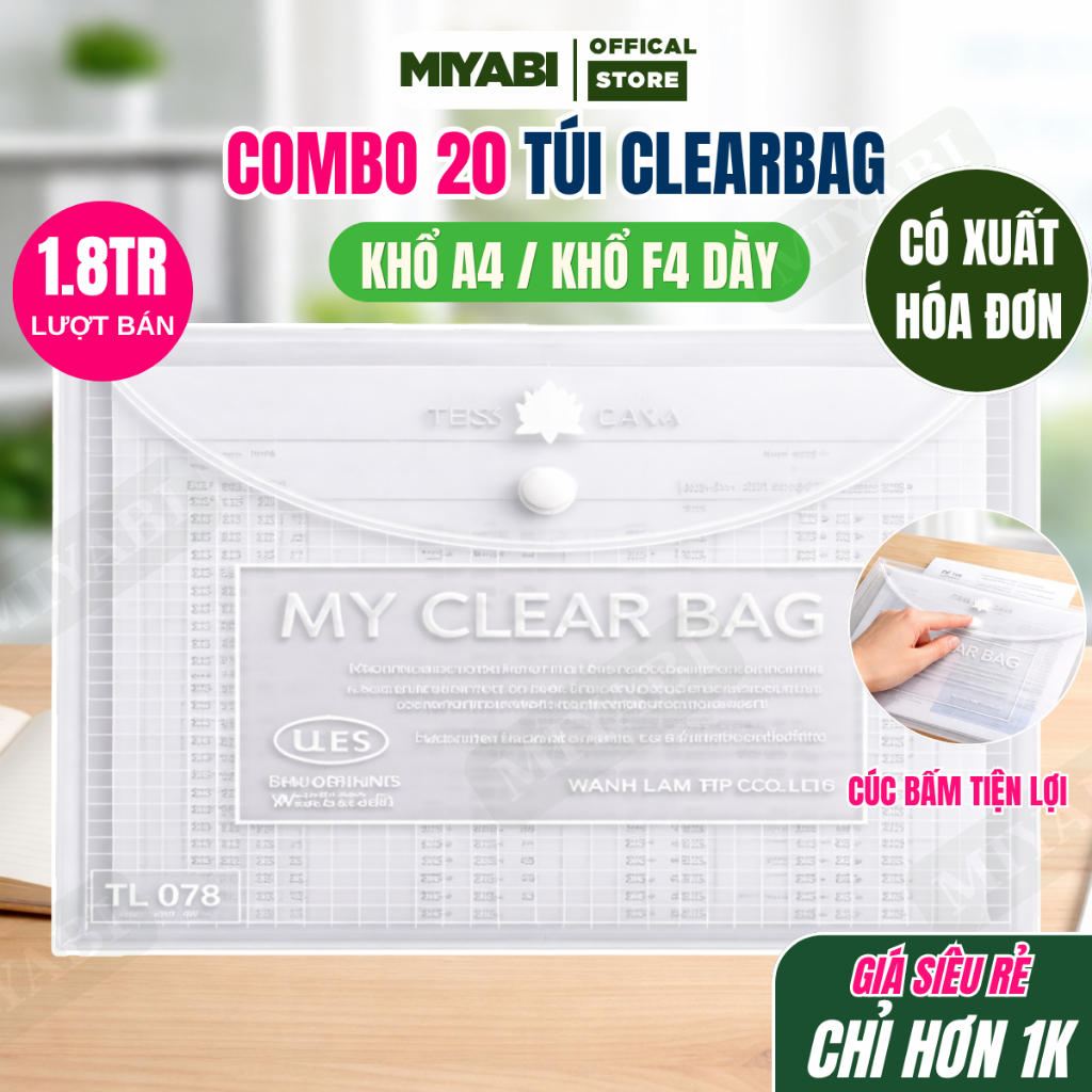 Combo 20 túi đựng tài liệu a4 trong suốt văn phòng phẩm giá sỉ , túi my clear bag ,bìa đựng tài liệu
