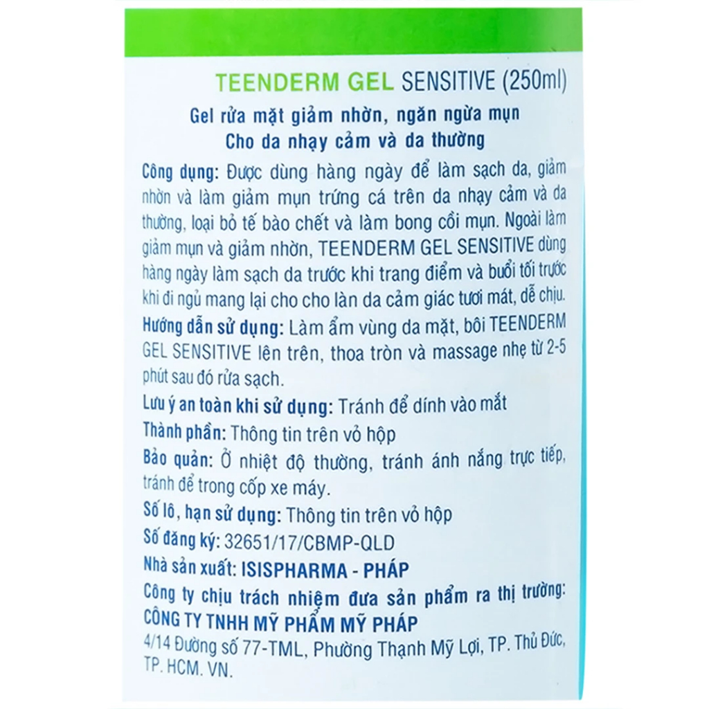 Gel rửa mặt giảm nhờn giảm mụn ISISPHARMA TEEN DERM GEL SENSITIVE 100ml/250ml - dành cho da nhạy cảm