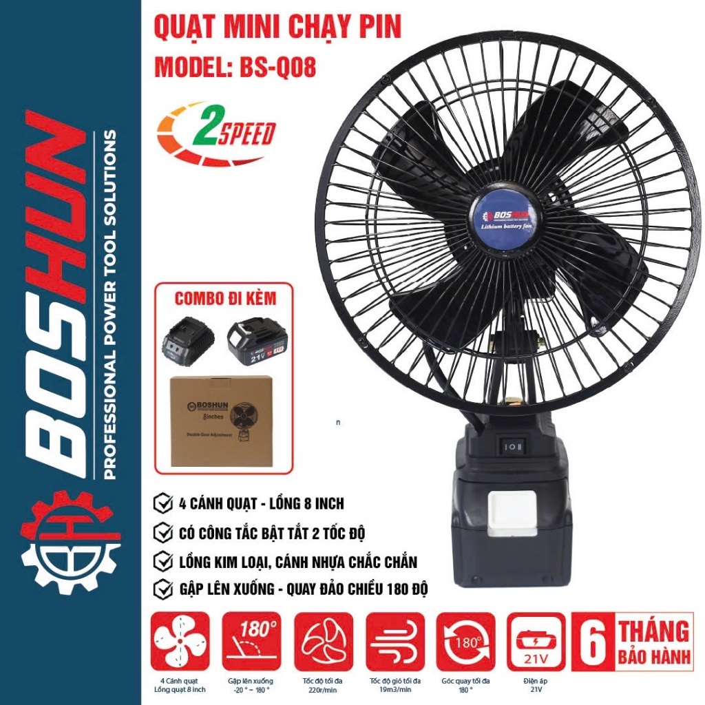 [Quạt Xoay] Quạt mini dùng pin chân phổ thông BOSHUN BS-Q08, Lồng quạt 8inch, 2 Tốc độ gió