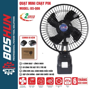 Quạt mini dùng pin chân phổ thông BOSHUN BS-Q08, Lồng quạt 8inch, 2 Tốc độ gió