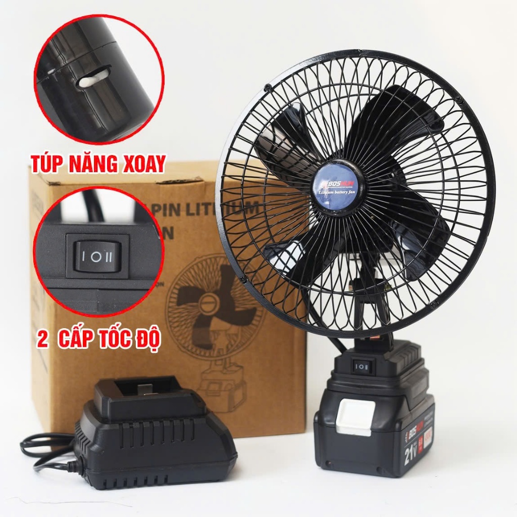[Quạt Xoay] Quạt mini dùng pin chân phổ thông BOSHUN BS-Q08, Lồng quạt 8inch, 2 Tốc độ gió