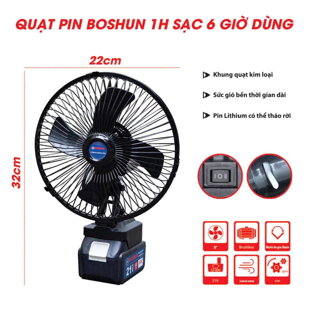 [Quạt Xoay] Quạt mini dùng pin chân phổ thông BOSHUN BS-Q08, Lồng quạt 8inch, 2 Tốc độ gió