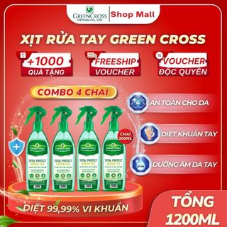 Combo 4 Chai Xịt Rửa Tay Khô Green Cross 300ml TOTAL PROTECT - Diệt Khuẩn 99.9% - Hương Trà Xanh