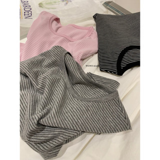 𝐏𝐡𝐢𝐞𝐧 𝐖𝐆𝐖𝐄 | (Sẵn) w9257 Áo Thun Kẻ Nhỏ Cổ Tròn Cộc Tay Form Ôm Hàn Quốc