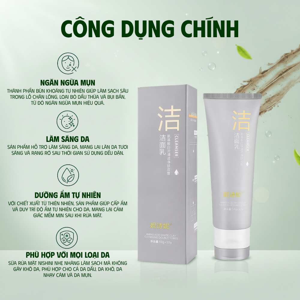 Sữa Rửa Mặt Bùn Khoáng Nishini 100ml - Làm Sạch Sâu, Kiểm Soát Dầu, Hỗ Trợ Giảm Mụn, Dưỡng Ẩm, Da Sáng Mịn