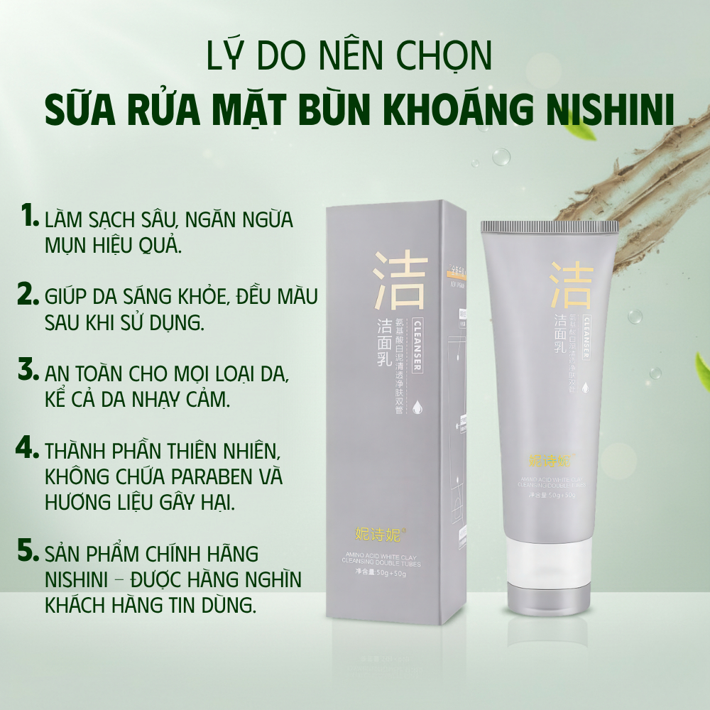 Sữa Rửa Mặt Bùn Khoáng Nishini 100ml - Làm Sạch Sâu, Kiểm Soát Dầu, Hỗ Trợ Giảm Mụn, Dưỡng Ẩm, Da Sáng Mịn