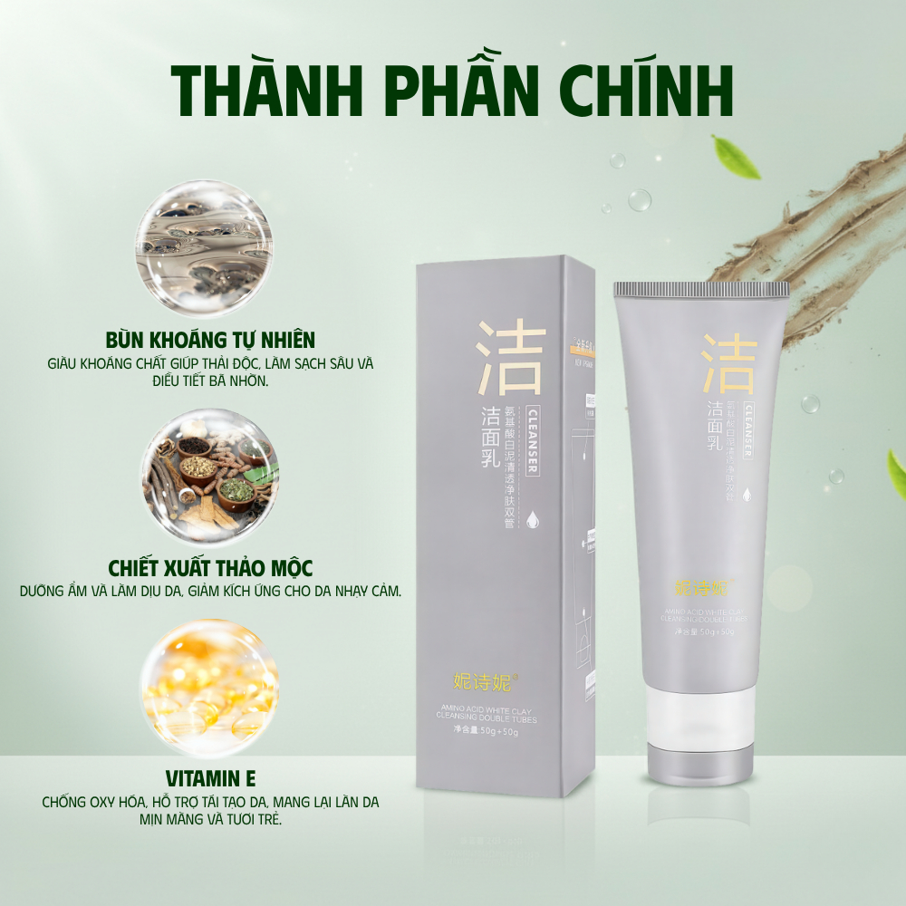 Sữa Rửa Mặt Bùn Khoáng Nishini 100ml - Làm Sạch Sâu, Kiểm Soát Dầu, Hỗ Trợ Giảm Mụn, Dưỡng Ẩm, Da Sáng Mịn