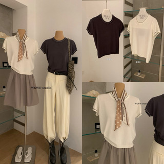 𝐏𝐡𝐢𝐞𝐧 𝐖𝐆𝐖𝐄 | (Sẵn) w9195 Áo Len Mỏng Viền Kẻ Cộc Tay Mùa Hè Cho Nữ