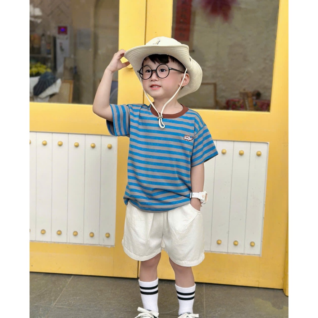 Áo phông cộc tay kẻ sọc Beermi phối viền cổ nổi bật chất liệu cotton 4c mềm mát cho bé 9-28kg