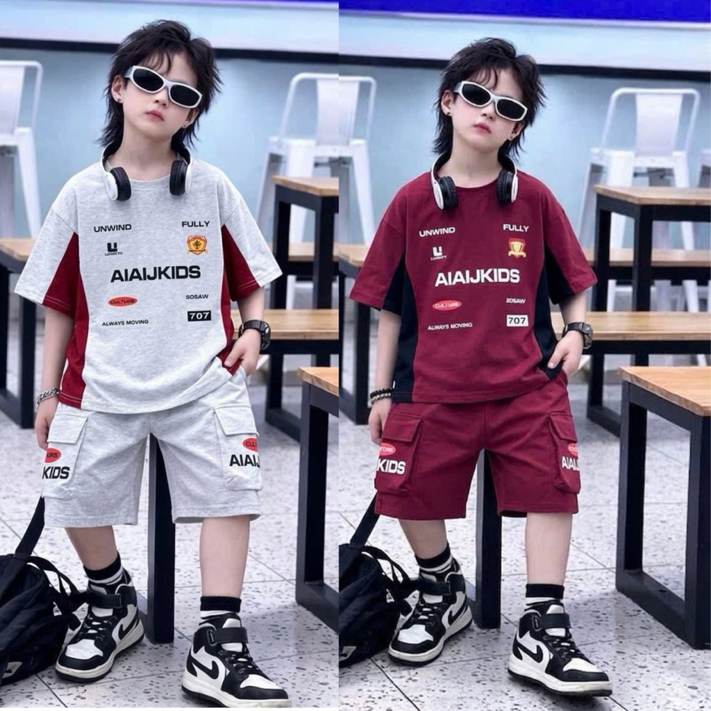 Set đồ cotton hè bé trai 20-50kg quần áo phông mùa hè trẻ em