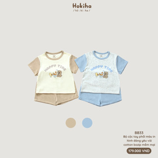 Bộ quần áo phối màu mùa hè in hình đáng yêu Hokiha vải cotton mềm mại, thoáng mát cho bé từ 8-17kg BB33