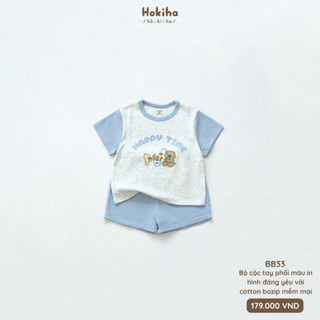 Bộ quần áo phối màu mùa hè in hình đáng yêu Hokiha vải cotton mềm mại, thoáng mát cho bé từ 8-17kg BB33