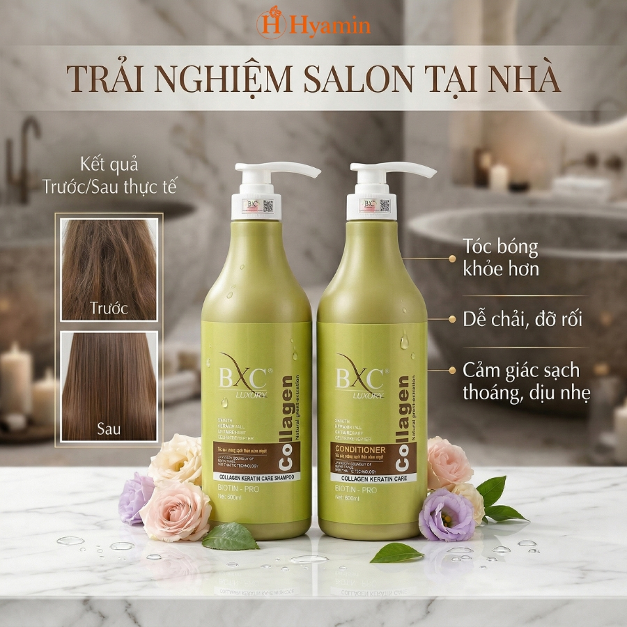 Bộ Dầu Gội Xả dưỡng sinh Collagen BXC Luxury 800ml Phục hồi tóc hư tổn, siêu mượt, dưỡng chắc khỏe