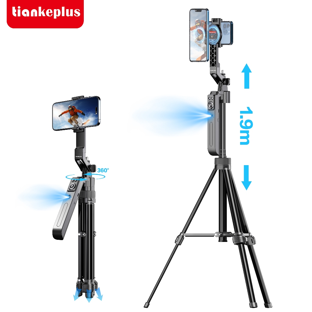 Tiankeplus Gậy Chụp Hình 2in1 tripod Có LED Dài 1M9 Theo Dỗi AI 360°, Tích Hợp Nam Châm, Dùng 2 Máy Cùng Lúc, Bluetooth