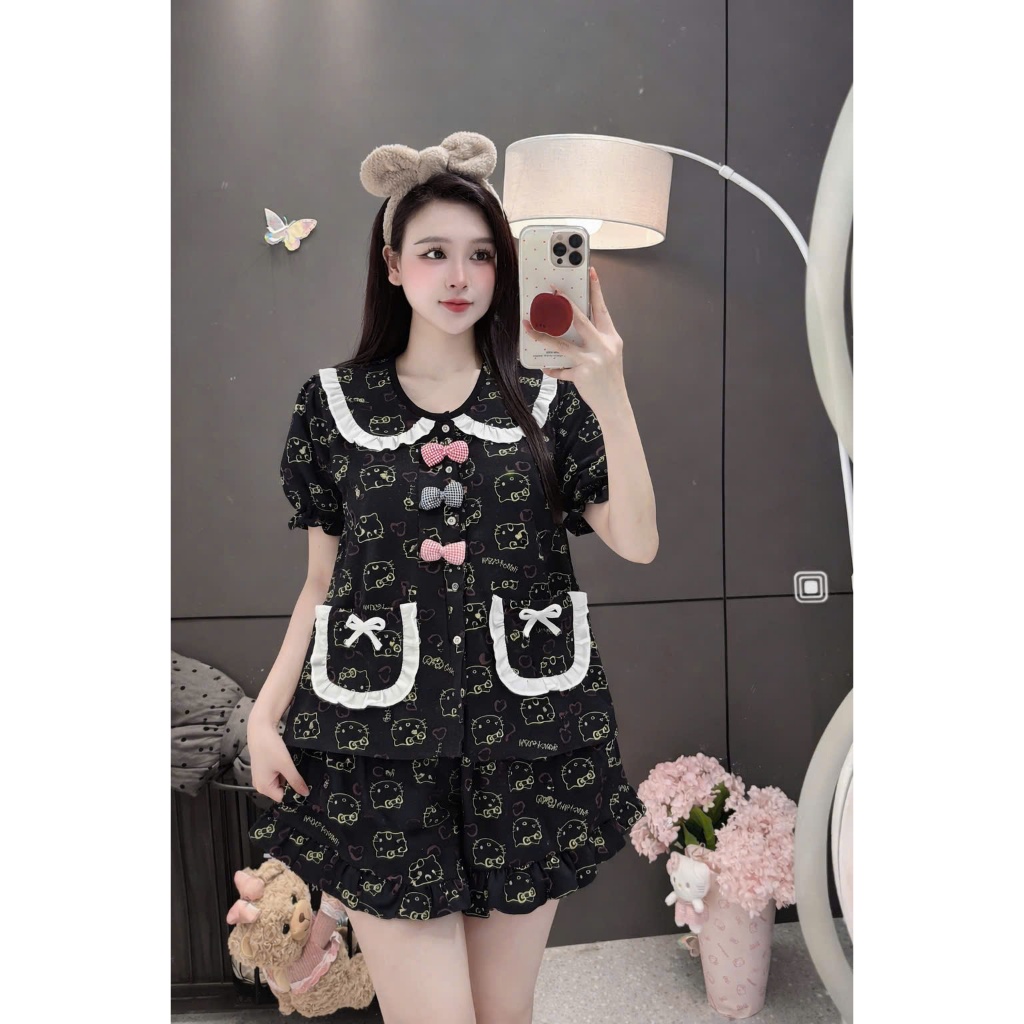 Đồ bộ Pyjama đũi ngắn cổ bèo đính 3 nơ siêu xinh