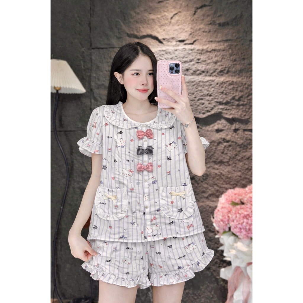 Đồ bộ Pyjama đũi ngắn cổ bèo đính 3 nơ siêu xinh